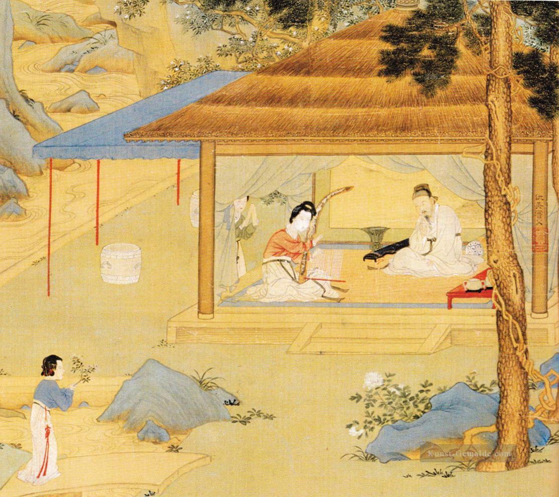 Konghou Spieler in einer pavillion alten China Tinte Ölgemälde